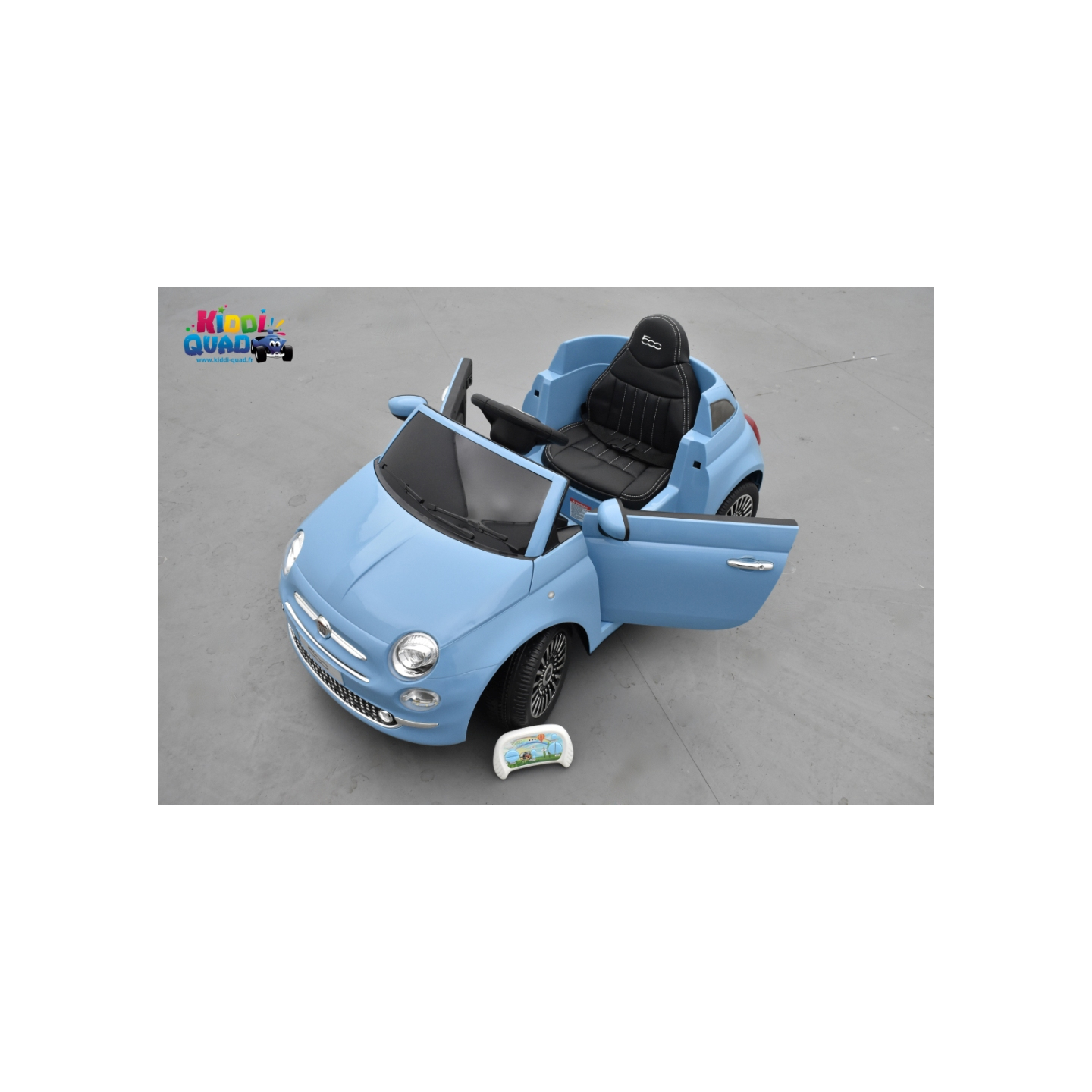 Fiat 500 bleu, véhicule électrique enfant télécommande parentale 2.4 Ghz,  12 Volts - 2 moteurs