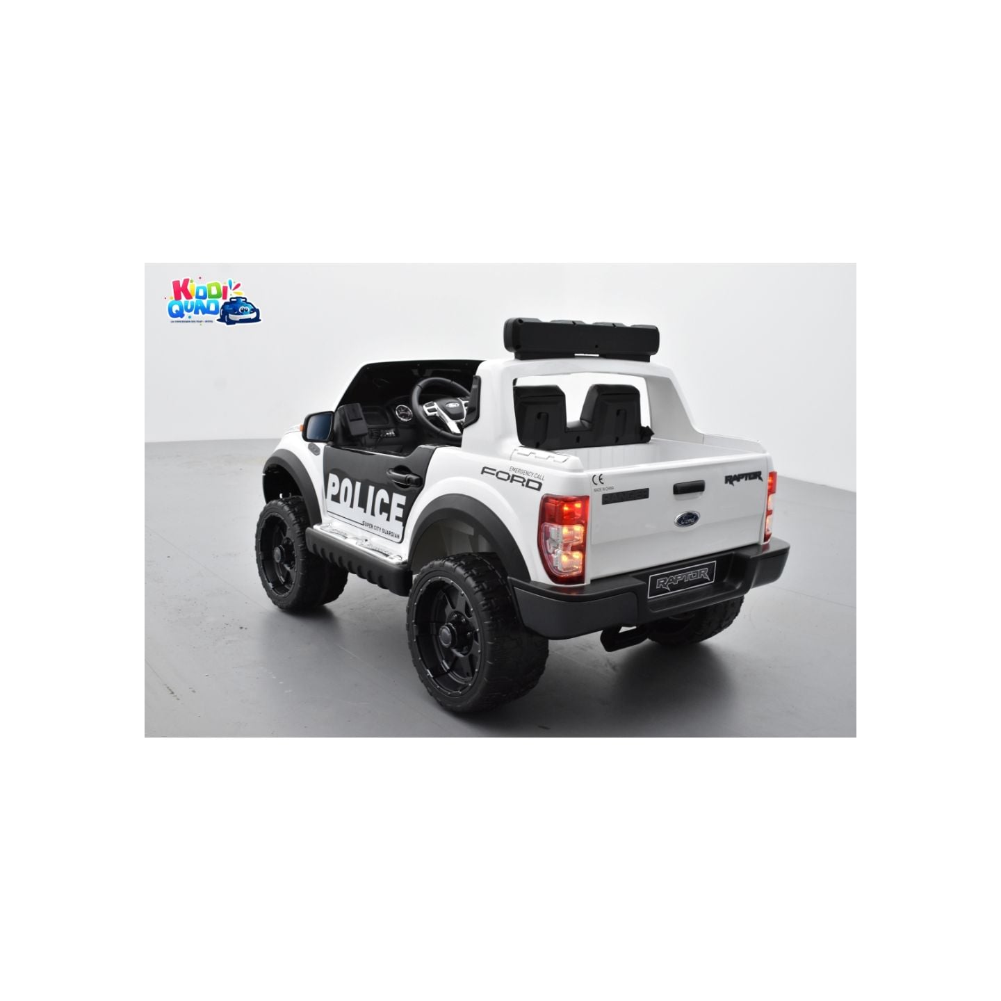Ford Ranger Raptor Police Blanc Métallisée, voiture électrique enfant 12V 10Ah, 2 moteurs