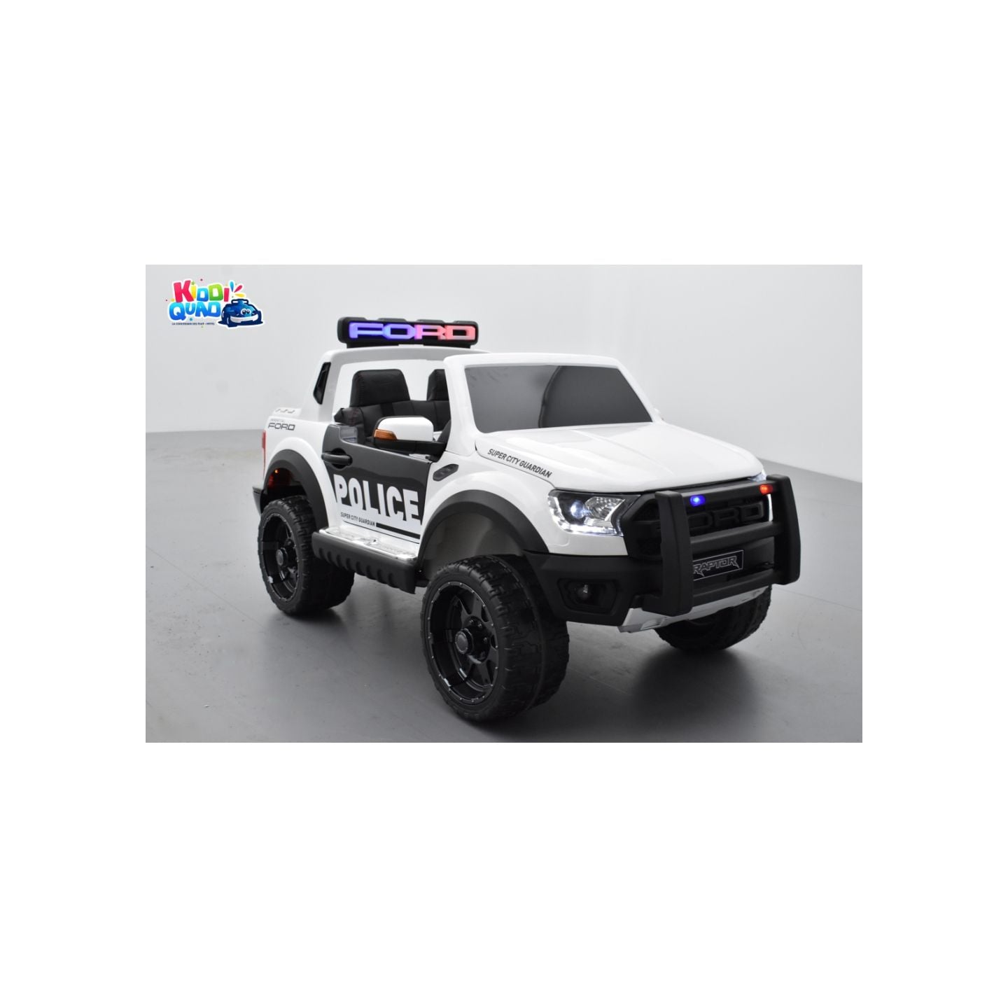 Ford Ranger Raptor Police Blanc Métallisée, voiture électrique enfant 12V 10Ah, 2 moteurs