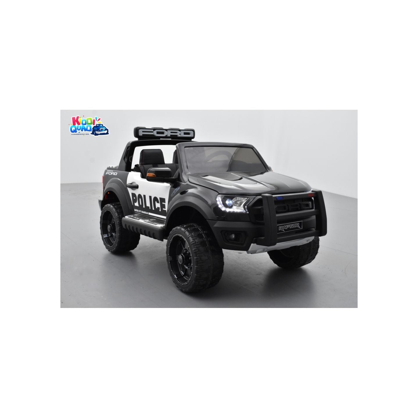 Ford Ranger Raptor Police Noir Métallisée, voiture électrique enfant 12V 10Ah, 2 moteurs