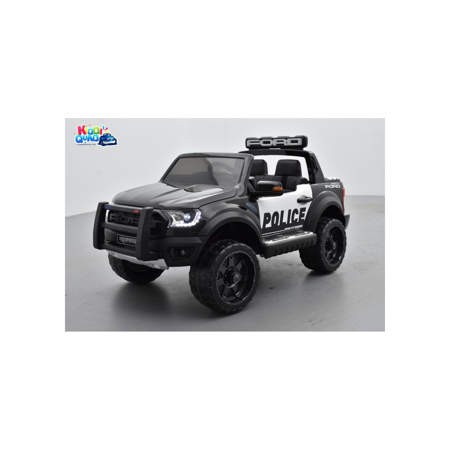Ford Ranger Raptor Police Noir Métallisée, voiture électrique enfant 12V 10Ah, 2 moteurs