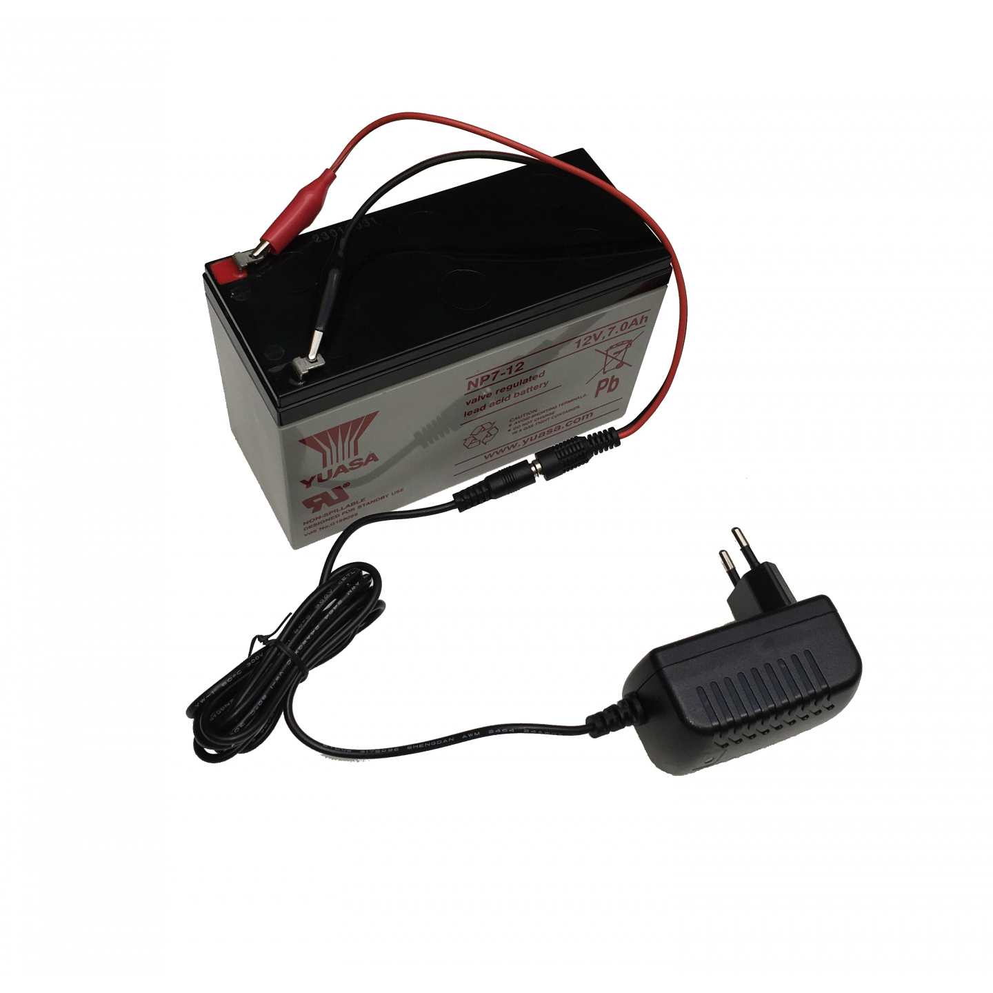 Pack batterie YUASA 12V 7Ah + Chargeur de Batterie 12 Volts + adaptateur pinces