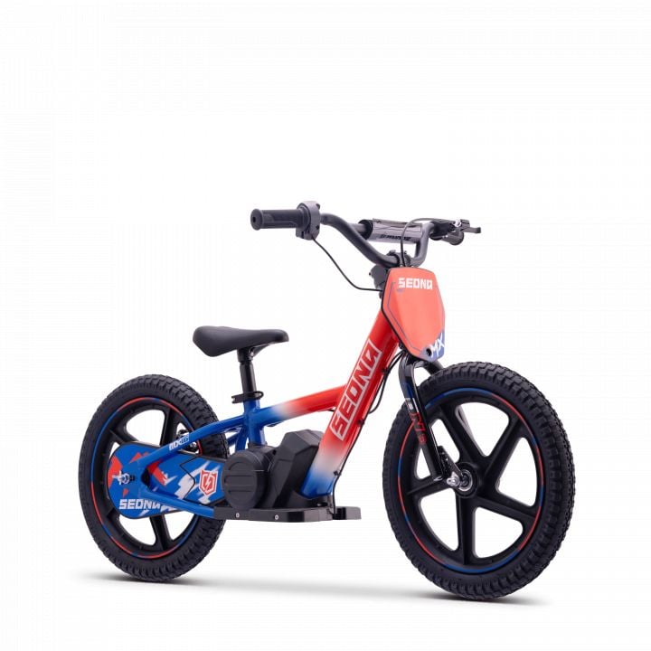 Draisienne électrique enfant SEDNA MX 16 pouces bleu / blanc / rouge, 5 à 12 ans